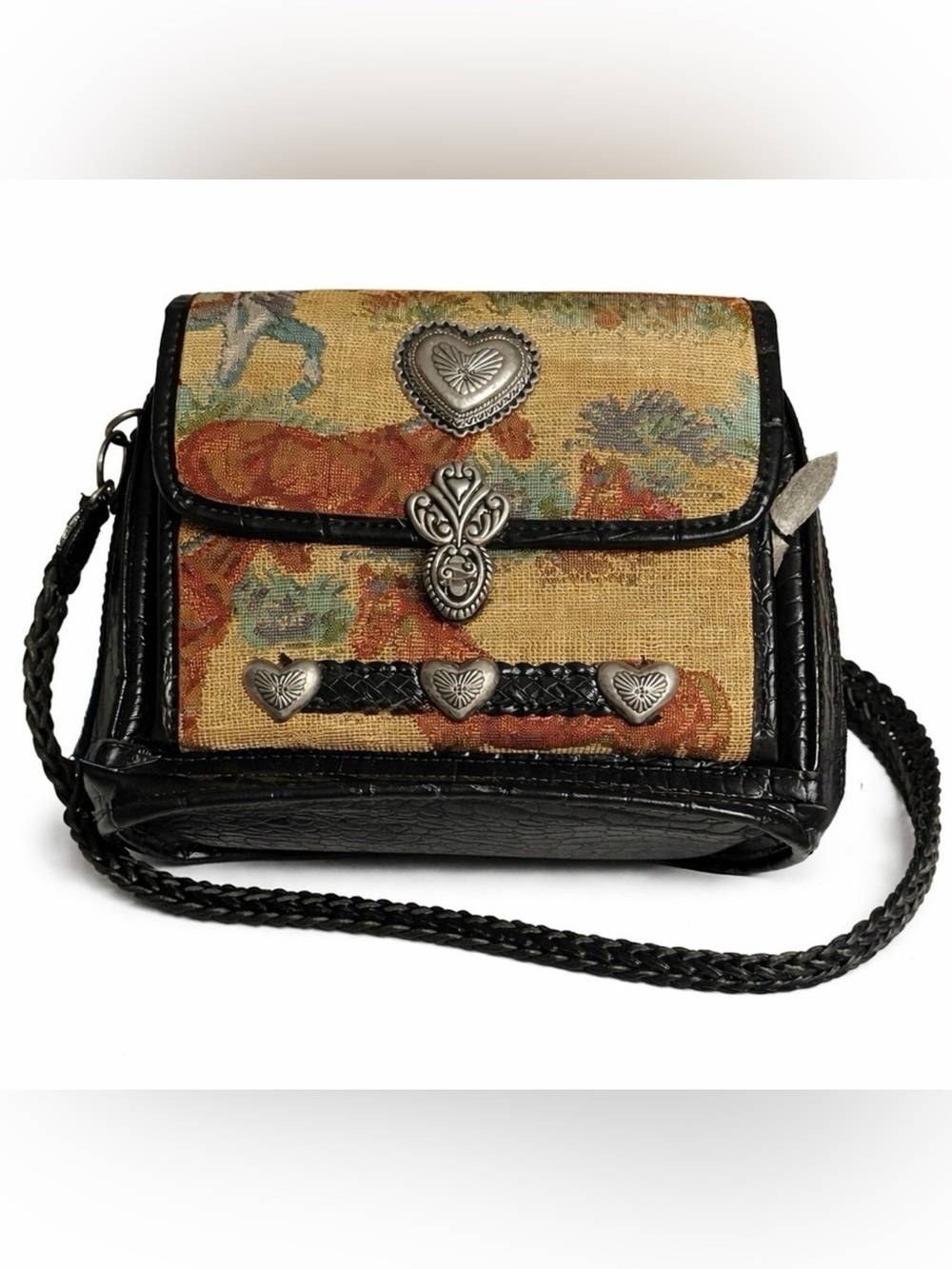 Vintage Multicolor Tapestry Crossbody Bag with Black Trim